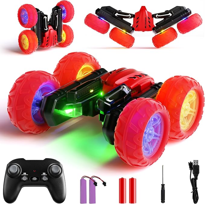 Remote Control Car RC Cars, 360°Rotating RC Race Car Toy with Headlight Wheel Light, 2.4Ghz Double-Side Roll 4WD Rock Crawler, Birthday Gifts for Boys Girls Age 3+ Year Old Kids Toys (Red)