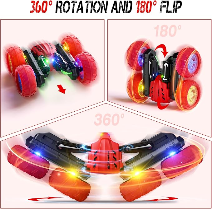 Remote Control Car RC Cars, 360°Rotating RC Race Car Toy with Headlight Wheel Light, 2.4Ghz Double-Side Roll 4WD Rock Crawler, Birthday Gifts for Boys Girls Age 3+ Year Old Kids Toys (Red)