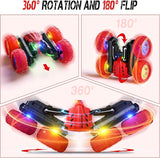 Remote Control Car RC Cars, 360°Rotating RC Race Car Toy with Headlight Wheel Light, 2.4Ghz Double-Side Roll 4WD Rock Crawler, Birthday Gifts for Boys Girls Age 3+ Year Old Kids Toys (Red)
