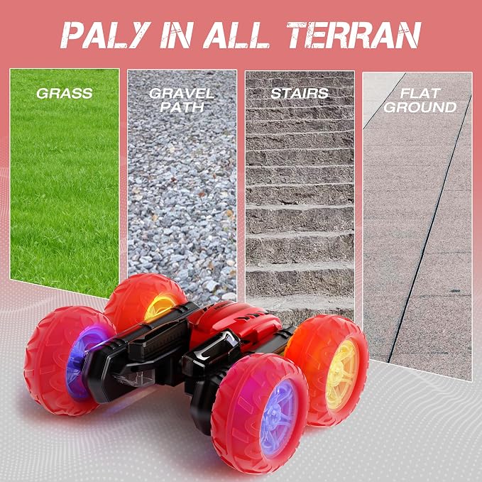 Remote Control Car RC Cars, 360°Rotating RC Race Car Toy with Headlight Wheel Light, 2.4Ghz Double-Side Roll 4WD Rock Crawler, Birthday Gifts for Boys Girls Age 3+ Year Old Kids Toys (Red)