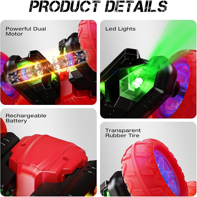 Remote Control Car RC Cars, 360°Rotating RC Race Car Toy with Headlight Wheel Light, 2.4Ghz Double-Side Roll 4WD Rock Crawler, Birthday Gifts for Boys Girls Age 3+ Year Old Kids Toys (Red)