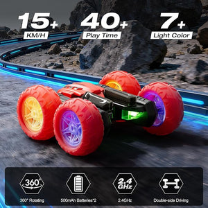 Remote Control Car RC Cars, 360°Rotating RC Race Car Toy with Headlight Wheel Light, 2.4Ghz Double-Side Roll 4WD Rock Crawler, Birthday Gifts for Boys Girls Age 3+ Year Old Kids Toys (Red)