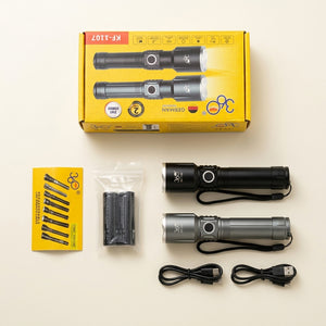 KF-1107 LED Tactical Flashlight Kit, 2-Pack, Black Aluminium, 1000 Lumens, Zoomable Focus, Water Resistant, 15cm Length, Battery Powered,3000 mah 3 Modes, for Camping and Hiking