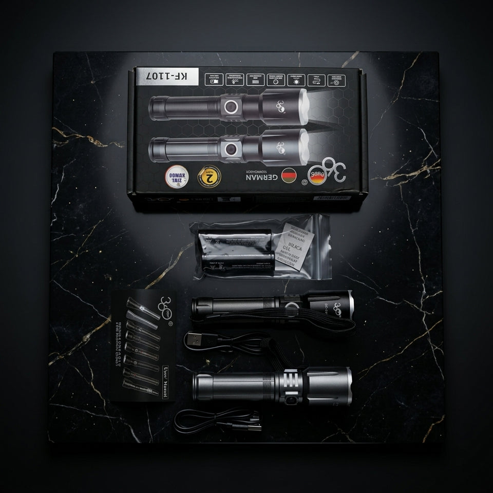 KF-1107 LED Tactical Flashlight Kit, 2-Pack, Black Aluminium, 1000 Lumens, Zoomable Focus, Water Resistant, 15cm Length, Battery Powered,3000 mah 3 Modes, for Camping and Hiking